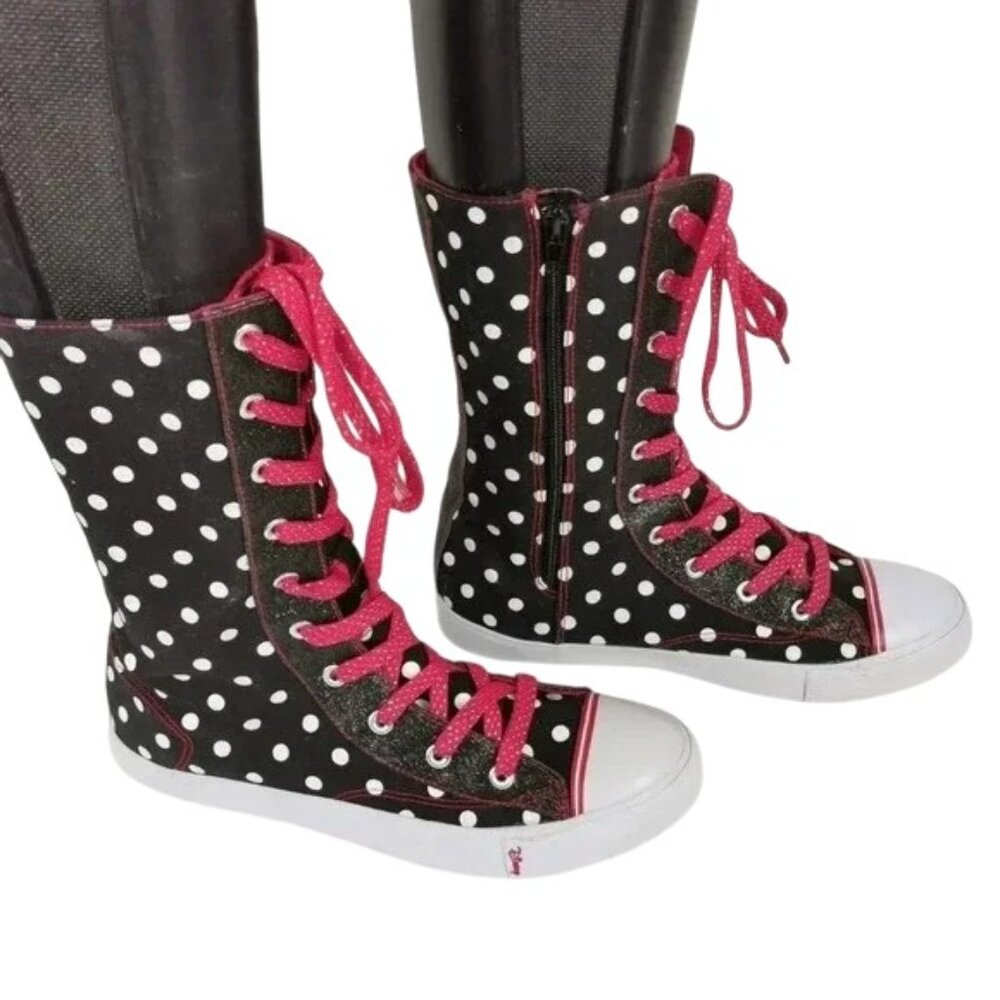 Disney Minnie Mouse Boots Size 6 M Black White Dot‎ Red Lace Up  10 inch